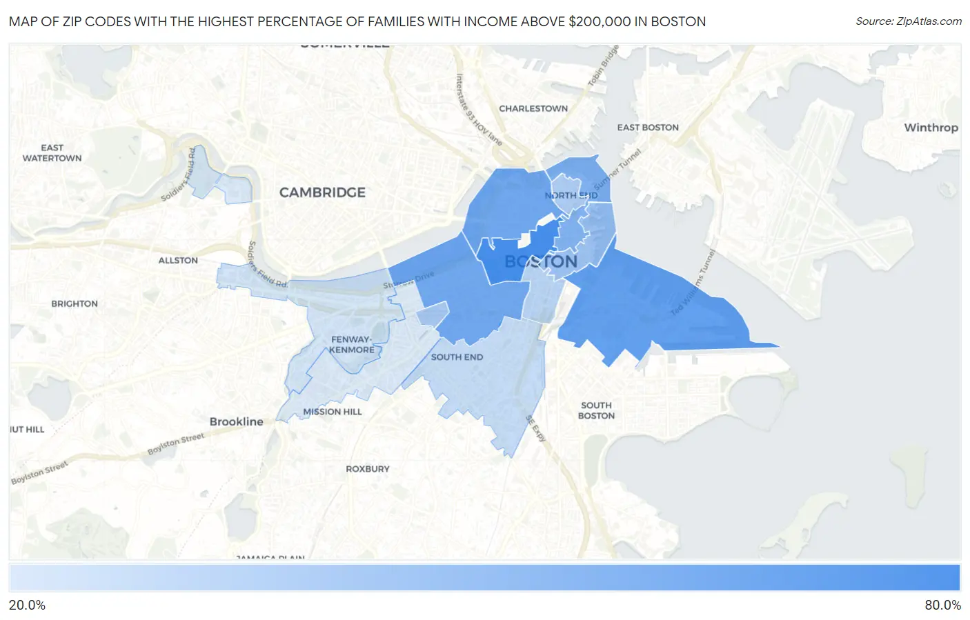 Zip Codes with the Highest Percentage of Families with Income Above $200,000 in Boston Map