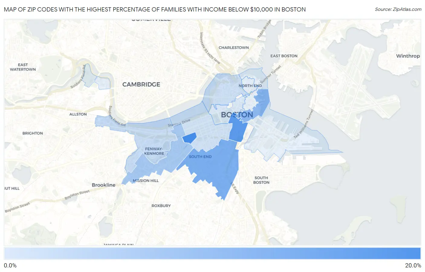 Zip Codes with the Highest Percentage of Families with Income Below $10,000 in Boston Map