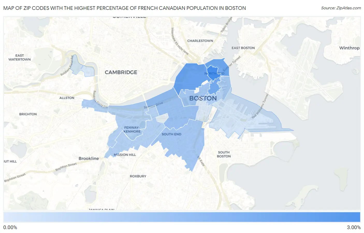 Zip Codes with the Highest Percentage of French Canadian Population in Boston Map