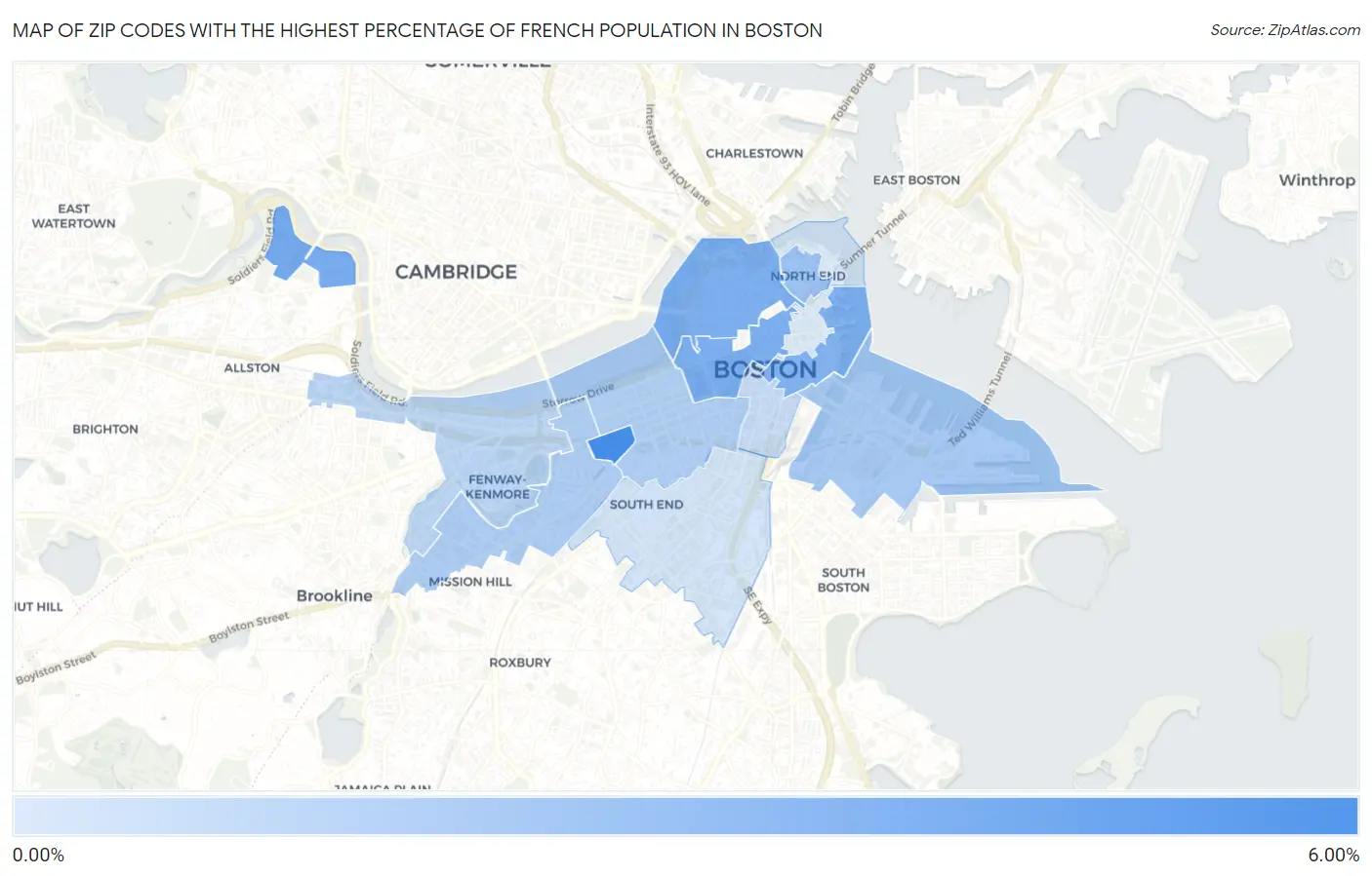Zip Codes with the Highest Percentage of French Population in Boston Map