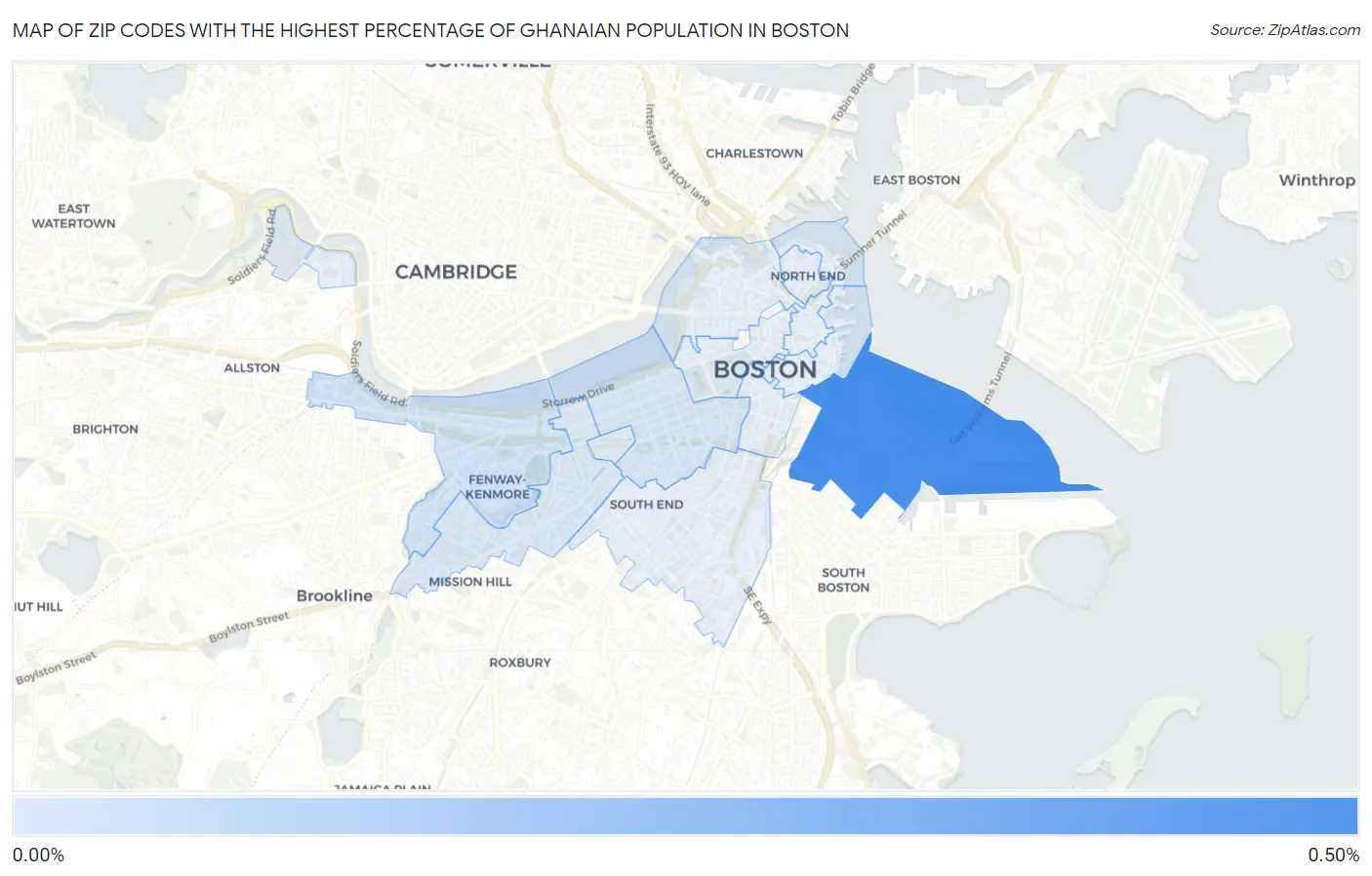 Zip Codes with the Highest Percentage of Ghanaian Population in Boston Map