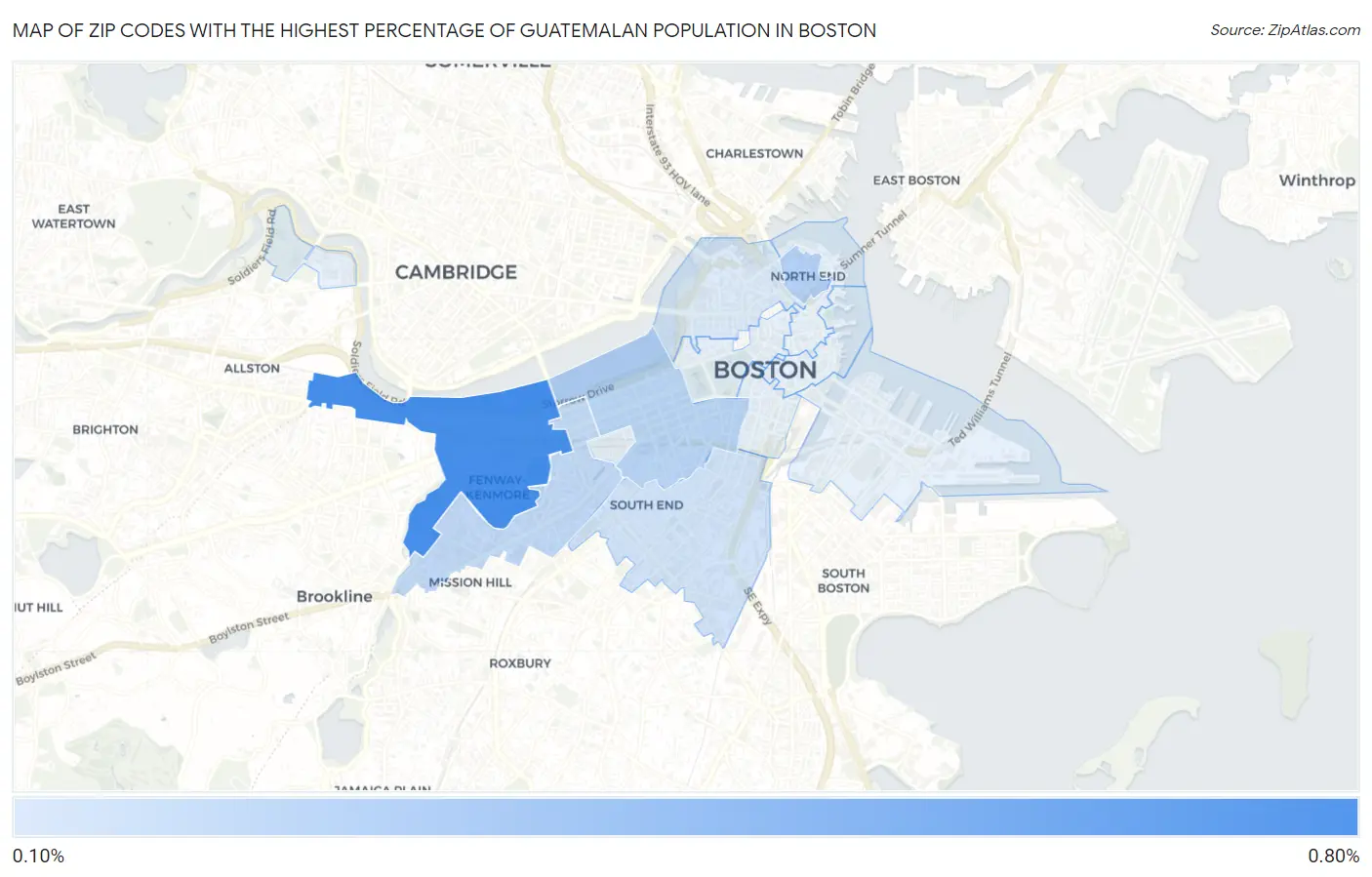 Zip Codes with the Highest Percentage of Guatemalan Population in Boston Map