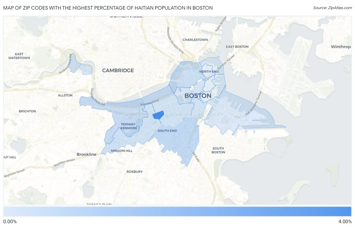 Zip Codes with the Highest Percentage of Haitian Population in Boston Map