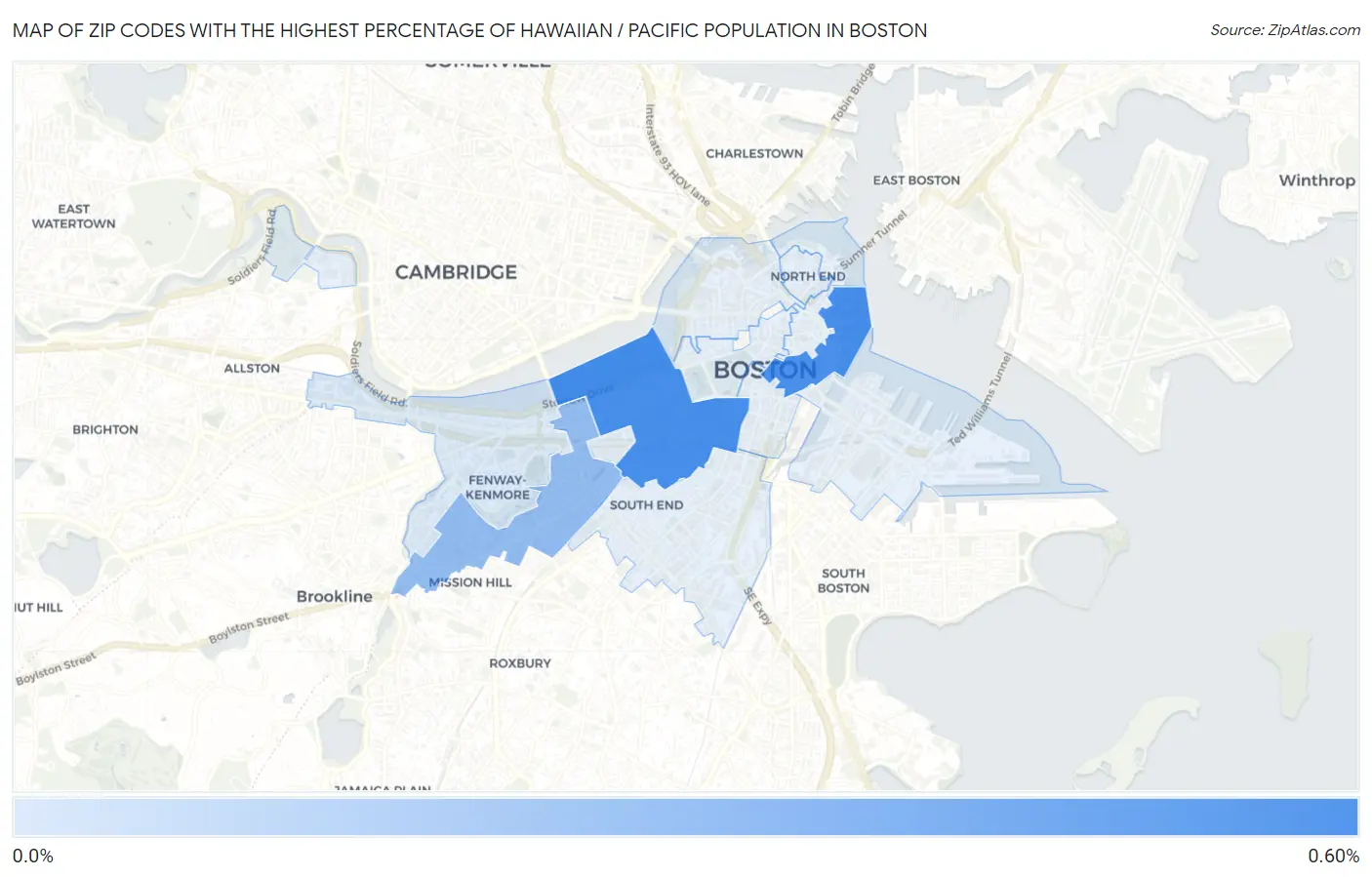 Zip Codes with the Highest Percentage of Hawaiian / Pacific Population in Boston Map