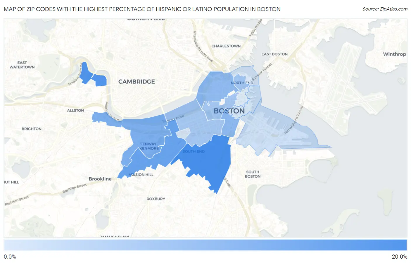 Zip Codes with the Highest Percentage of Hispanic or Latino Population in Boston Map