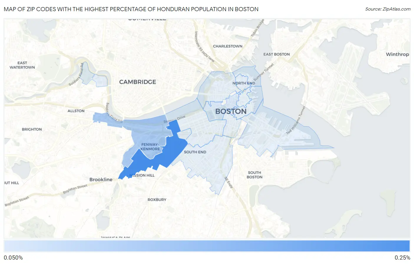 Zip Codes with the Highest Percentage of Honduran Population in Boston Map