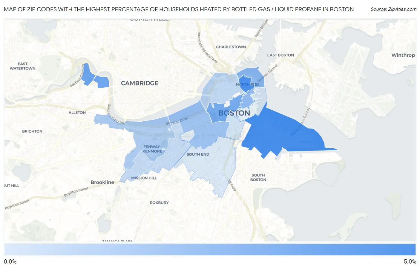 Zip Codes with the Highest Percentage of Households Heated by Bottled Gas / Liquid Propane in Boston Map