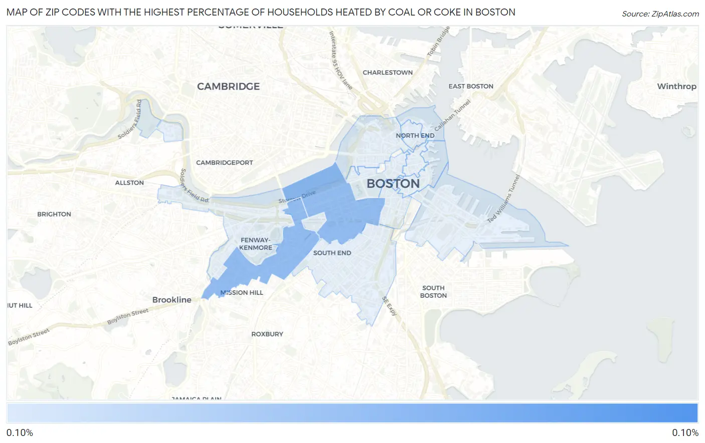 Zip Codes with the Highest Percentage of Households Heated by Coal or Coke in Boston Map