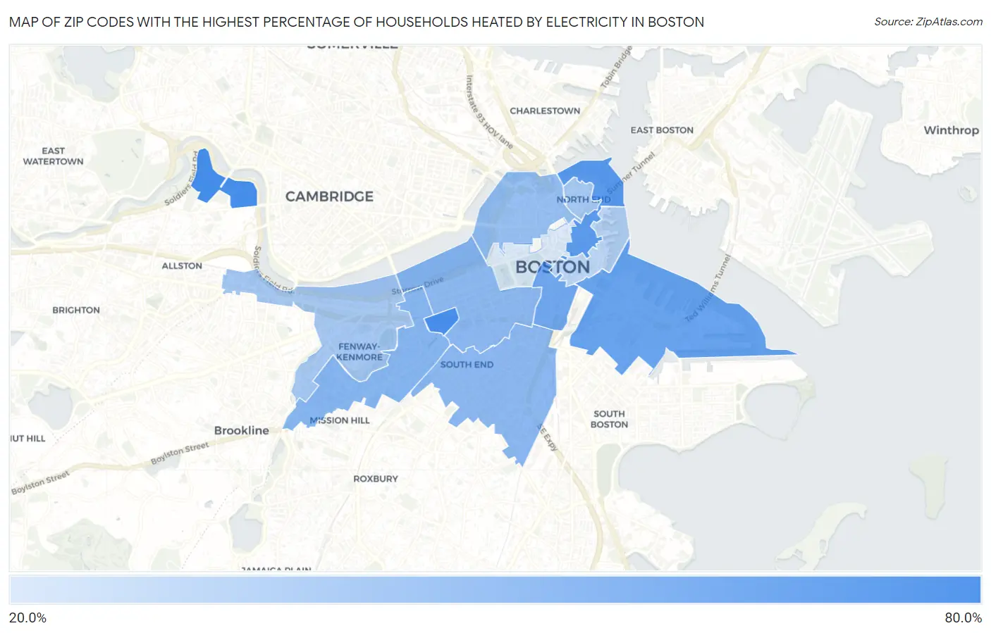 Zip Codes with the Highest Percentage of Households Heated by Electricity in Boston Map