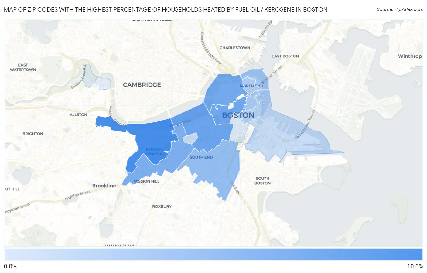 Zip Codes with the Highest Percentage of Households Heated by Fuel Oil / Kerosene in Boston Map