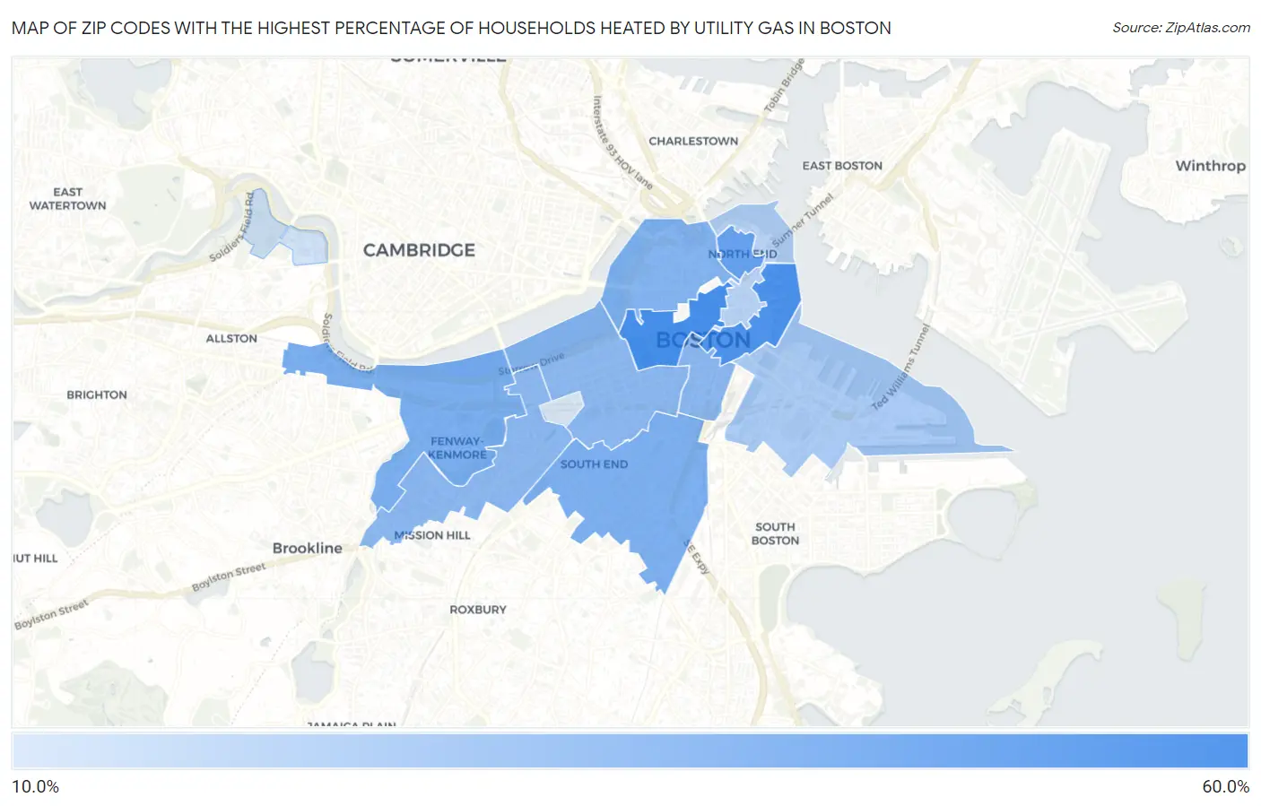 Zip Codes with the Highest Percentage of Households Heated by Utility Gas in Boston Map