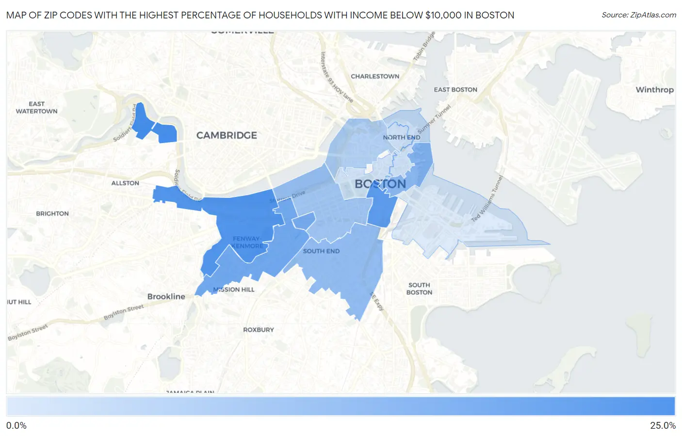Zip Codes with the Highest Percentage of Households with Income Below $10,000 in Boston Map