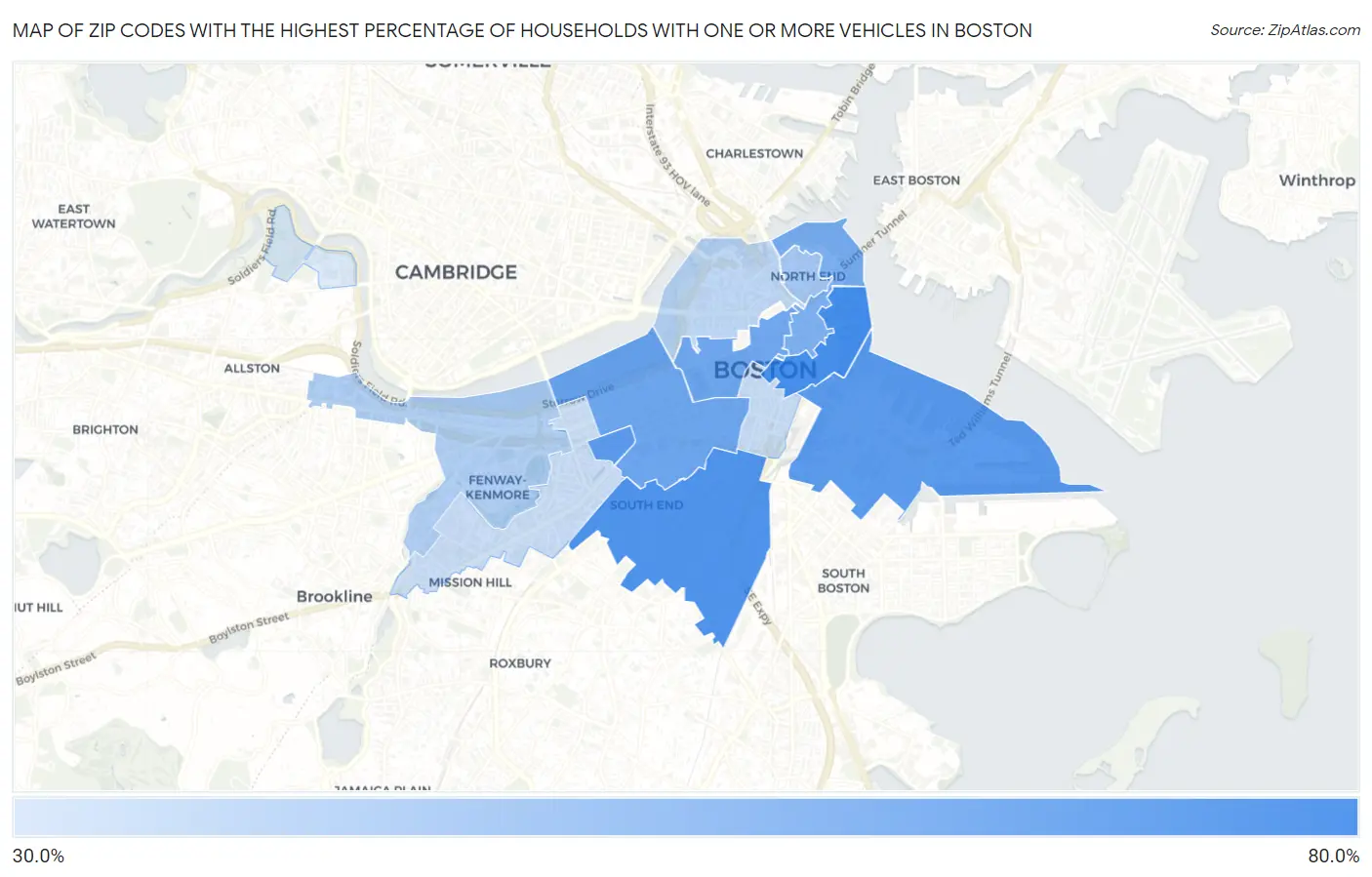 Zip Codes with the Highest Percentage of Households With One or more Vehicles in Boston Map