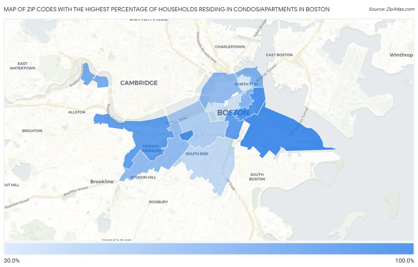 Zip Codes with the Highest Percentage of Households Residing in Condos/Apartments in Boston Map