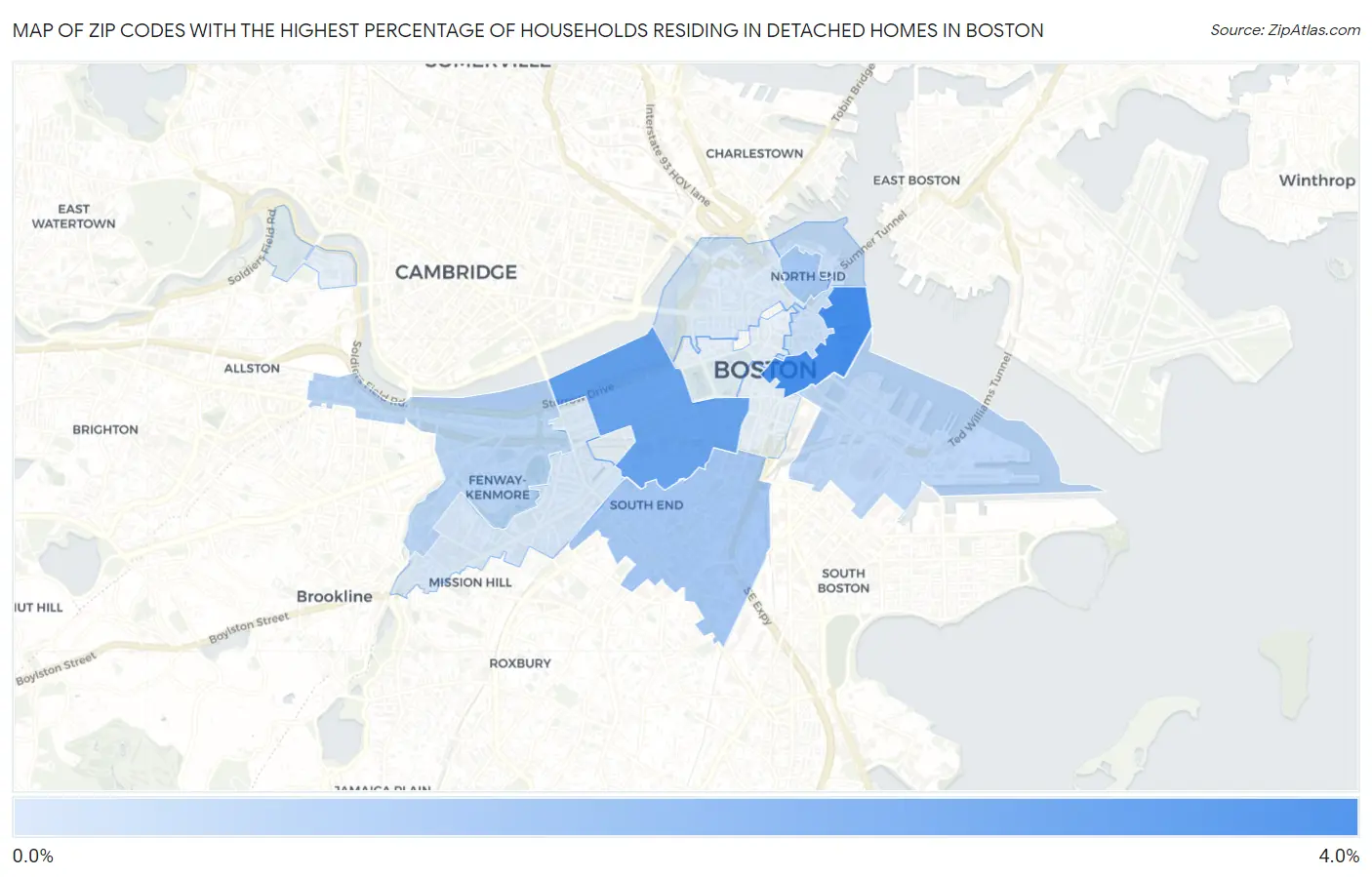 Zip Codes with the Highest Percentage of Households Residing in Detached Homes in Boston Map