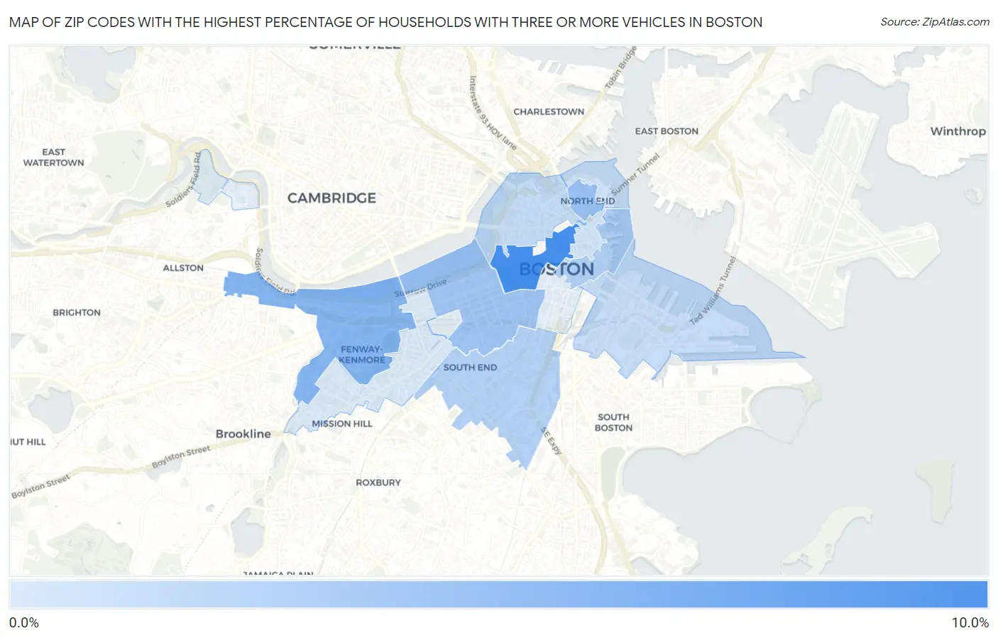 Zip Codes with the Highest Percentage of Households With Three or more Vehicles in Boston Map