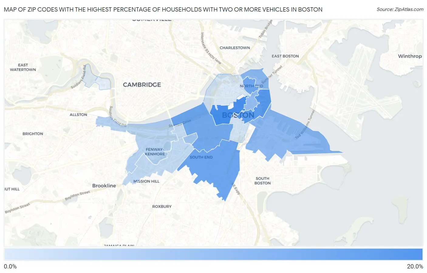 Zip Codes with the Highest Percentage of Households With Two or more Vehicles in Boston Map