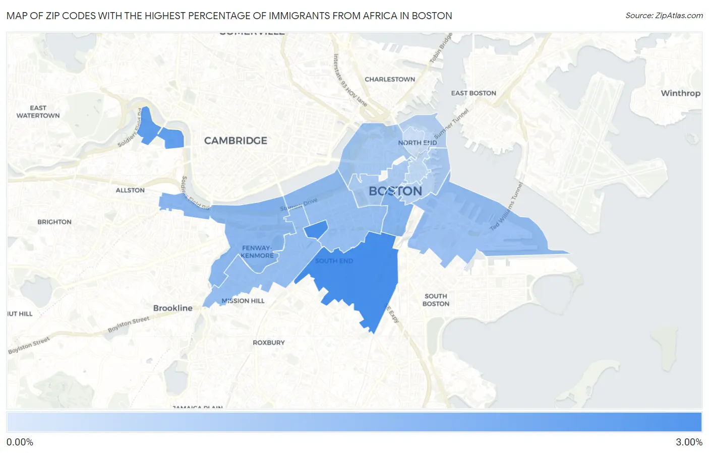 Zip Codes with the Highest Percentage of Immigrants from Africa in Boston Map
