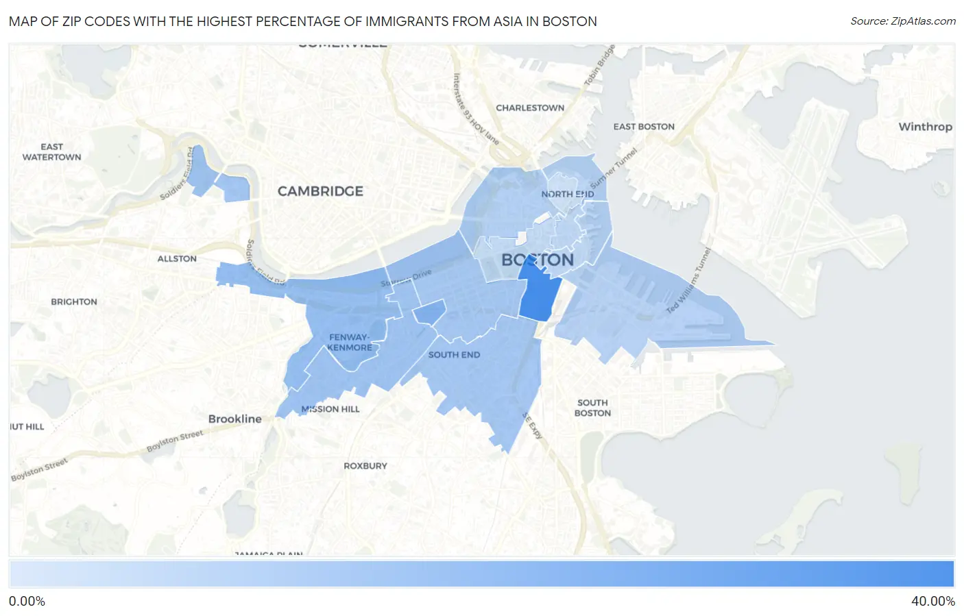 Zip Codes with the Highest Percentage of Immigrants from Asia in Boston Map