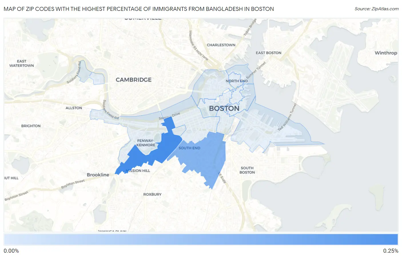 Zip Codes with the Highest Percentage of Immigrants from Bangladesh in Boston Map