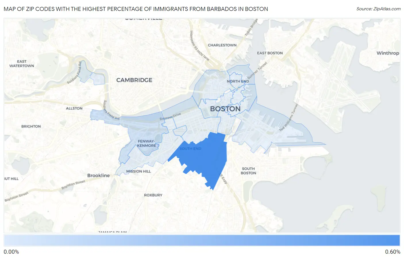 Zip Codes with the Highest Percentage of Immigrants from Barbados in Boston Map