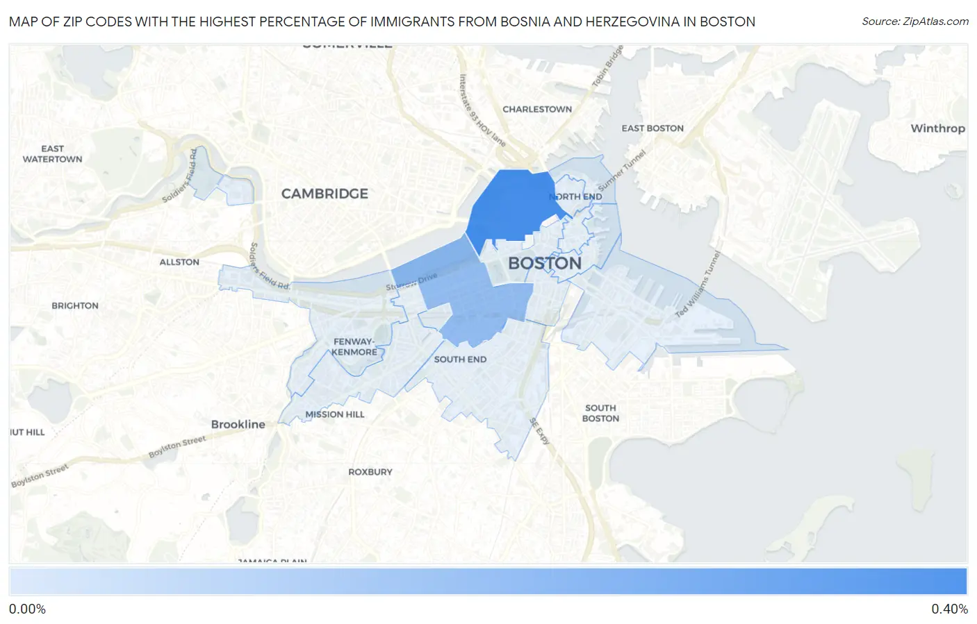 Zip Codes with the Highest Percentage of Immigrants from Bosnia and Herzegovina in Boston Map