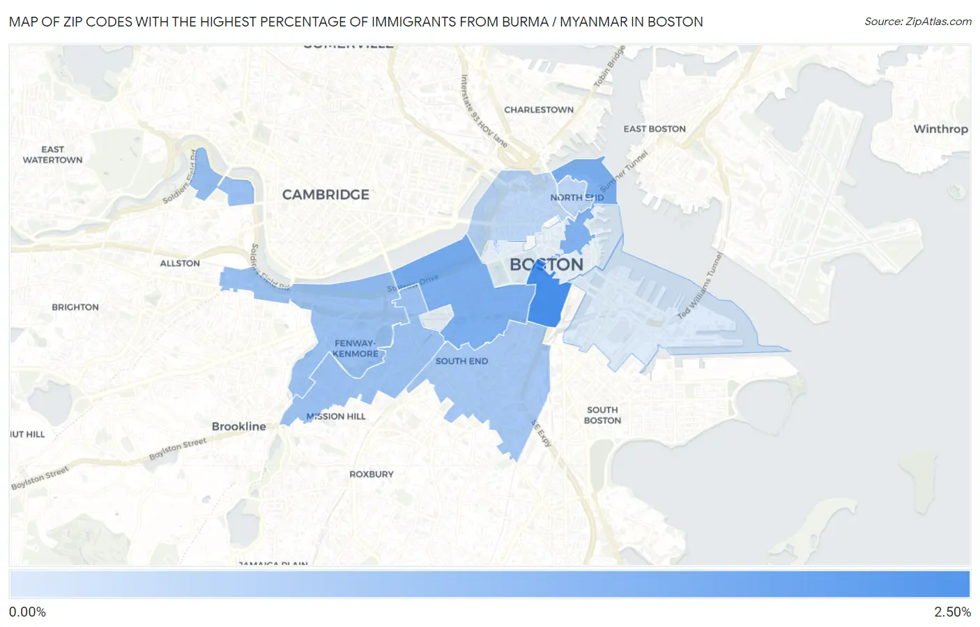 Zip Codes with the Highest Percentage of Immigrants from Burma / Myanmar in Boston Map