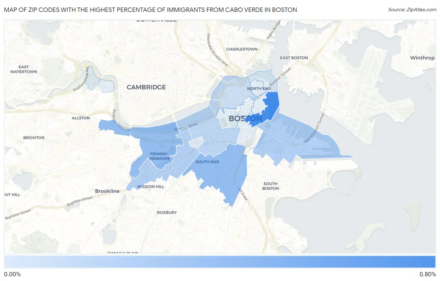 Zip Codes with the Highest Percentage of Immigrants from Cabo Verde in Boston Map
