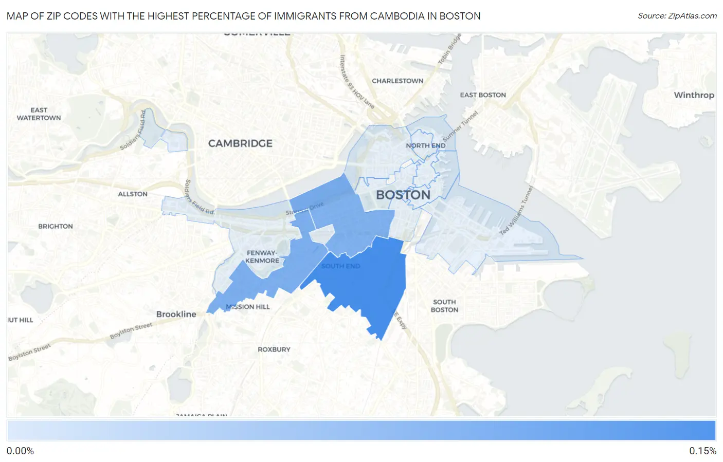 Zip Codes with the Highest Percentage of Immigrants from Cambodia in Boston Map