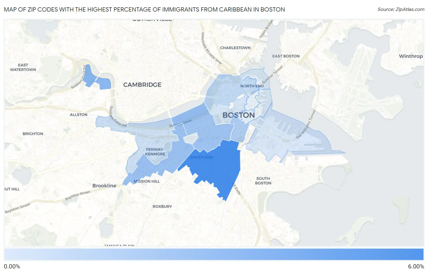 Zip Codes with the Highest Percentage of Immigrants from Caribbean in Boston Map