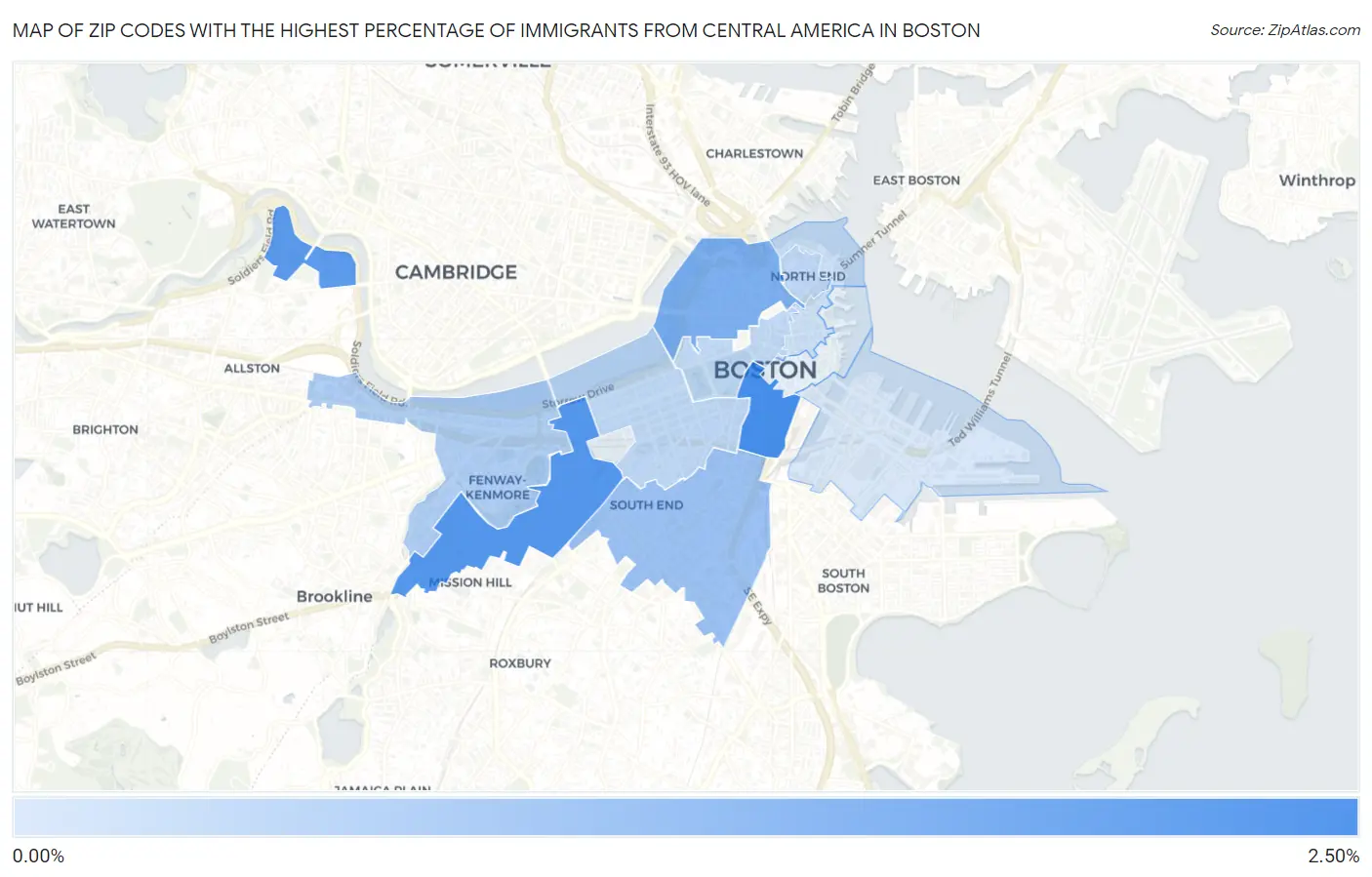 Zip Codes with the Highest Percentage of Immigrants from Central America in Boston Map