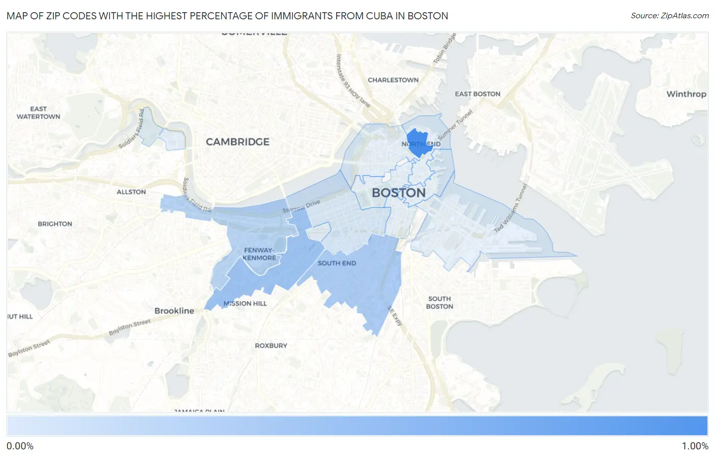 Zip Codes with the Highest Percentage of Immigrants from Cuba in Boston Map