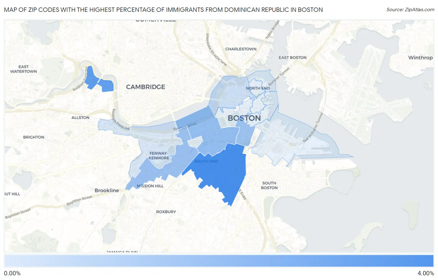 Zip Codes with the Highest Percentage of Immigrants from Dominican Republic in Boston Map