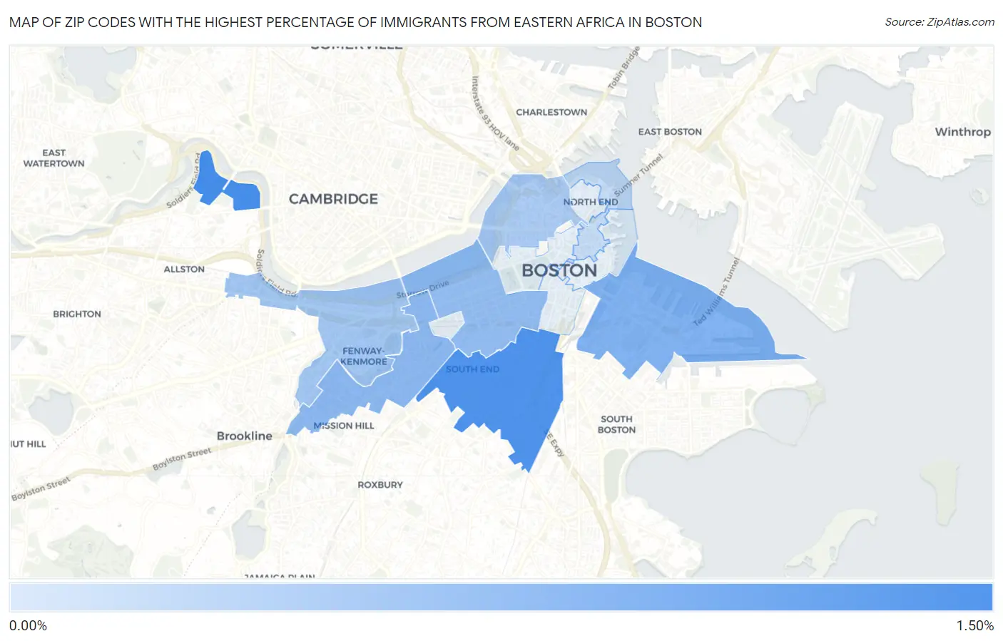 Zip Codes with the Highest Percentage of Immigrants from Eastern Africa in Boston Map