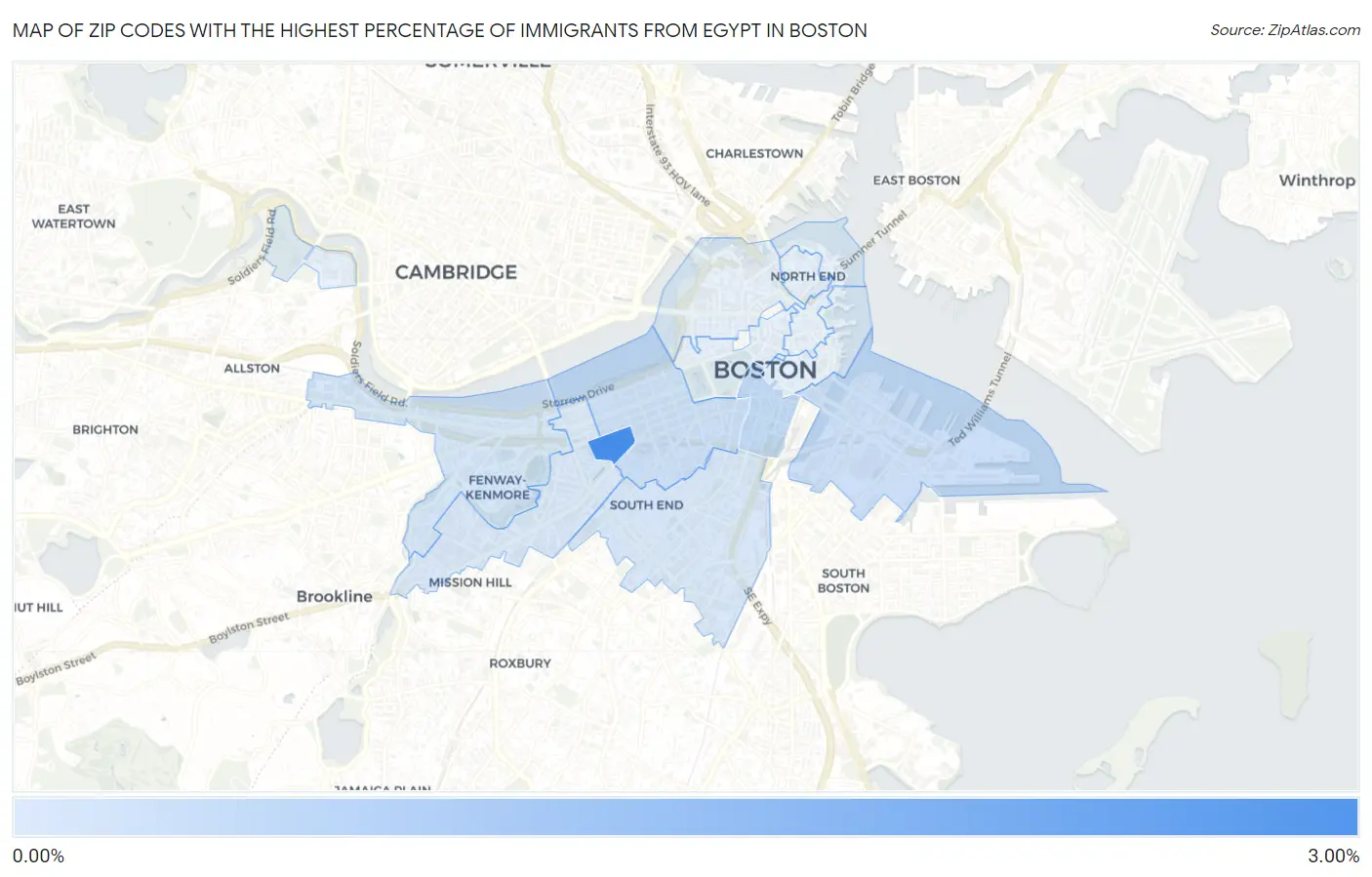 Zip Codes with the Highest Percentage of Immigrants from Egypt in Boston Map