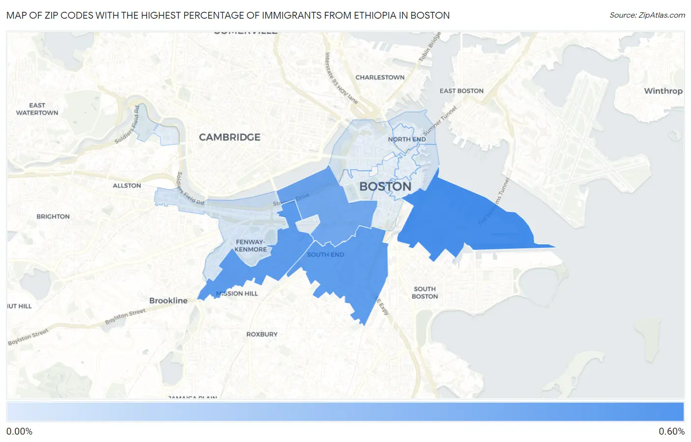 Zip Codes with the Highest Percentage of Immigrants from Ethiopia in Boston Map