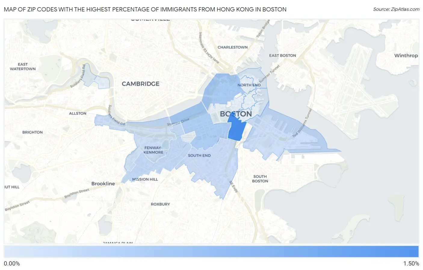 Zip Codes with the Highest Percentage of Immigrants from Hong Kong in Boston Map