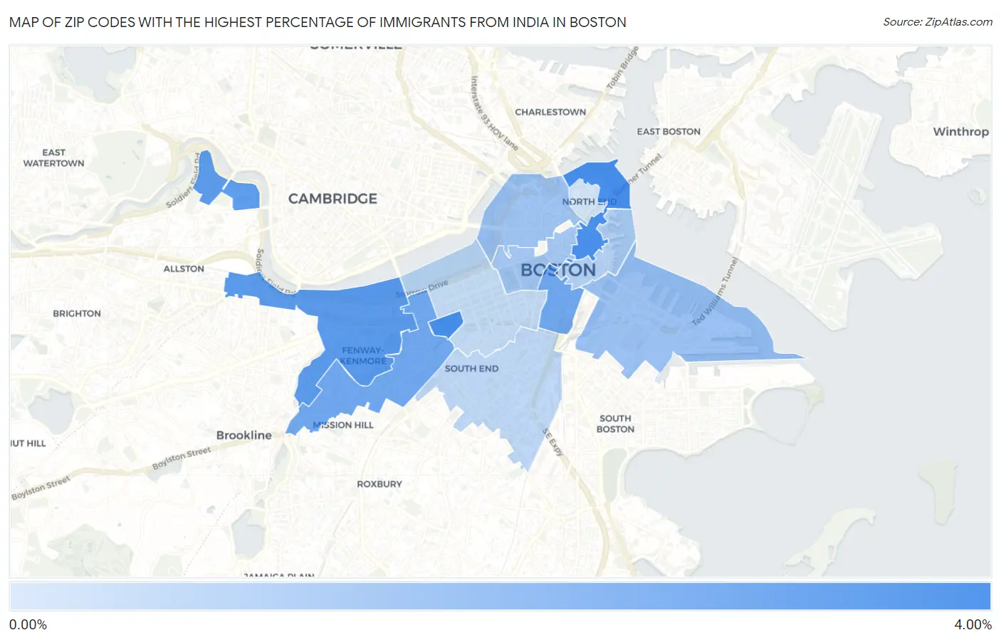 Zip Codes with the Highest Percentage of Immigrants from India in Boston Map