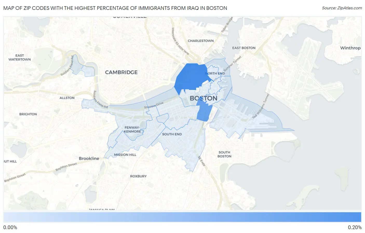 Zip Codes with the Highest Percentage of Immigrants from Iraq in Boston Map