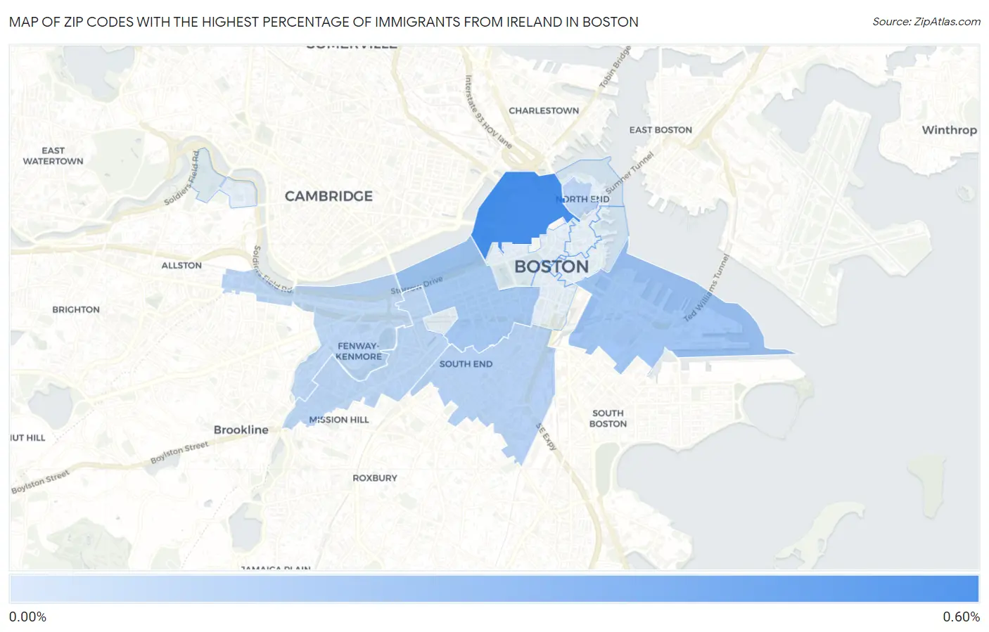 Zip Codes with the Highest Percentage of Immigrants from Ireland in Boston Map