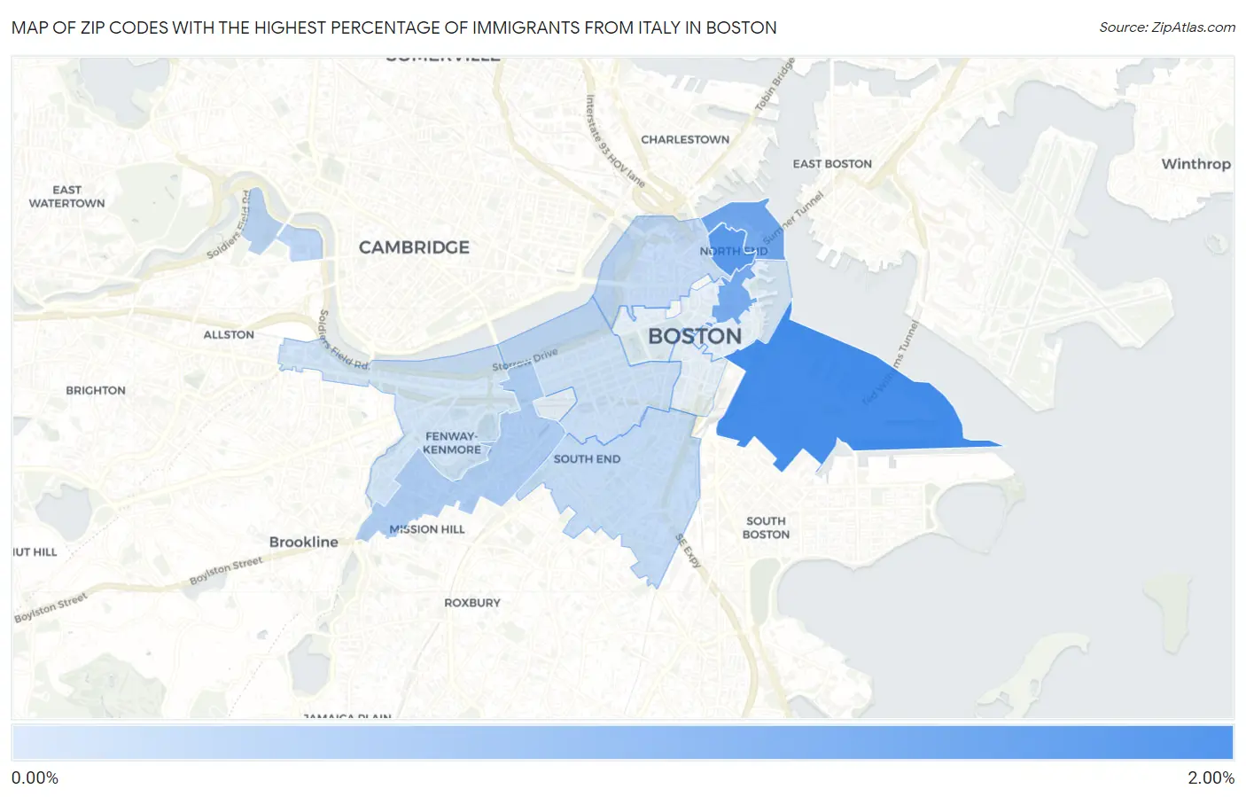 Zip Codes with the Highest Percentage of Immigrants from Italy in Boston Map