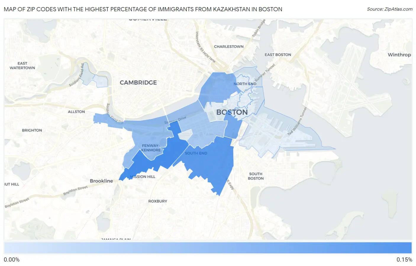 Zip Codes with the Highest Percentage of Immigrants from Kazakhstan in Boston Map