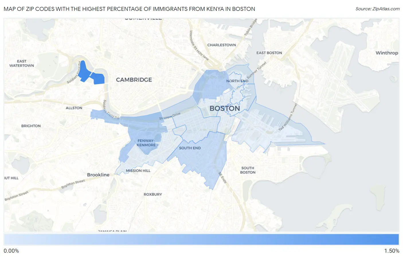 Zip Codes with the Highest Percentage of Immigrants from Kenya in Boston Map