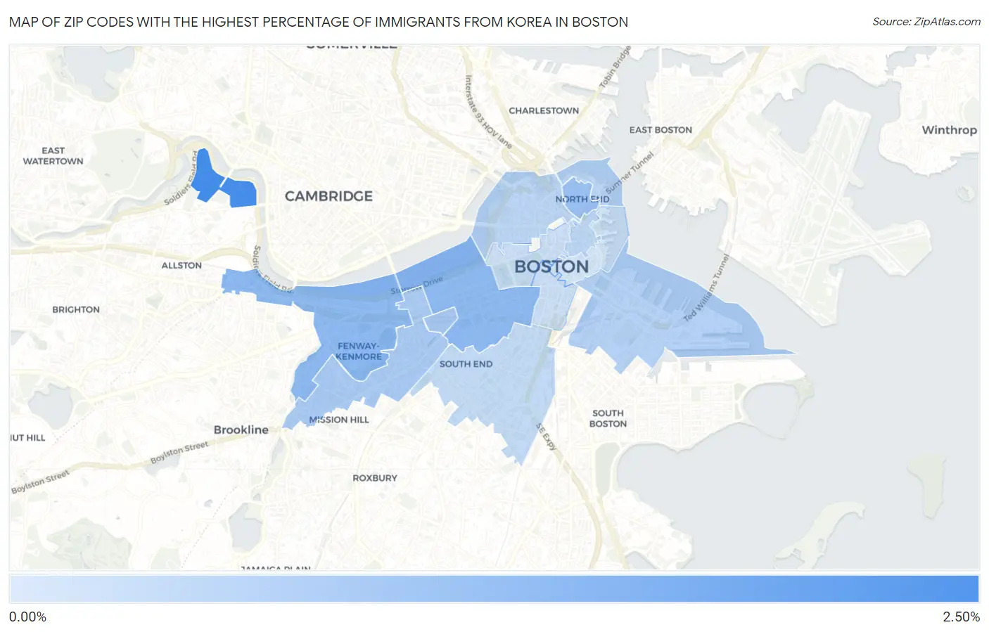 Zip Codes with the Highest Percentage of Immigrants from Korea in Boston Map