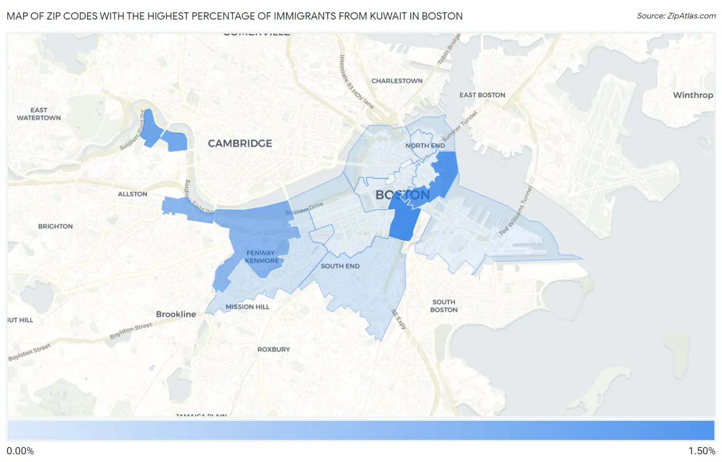 Zip Codes with the Highest Percentage of Immigrants from Kuwait in Boston Map