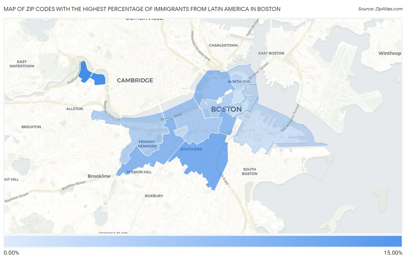 Zip Codes with the Highest Percentage of Immigrants from Latin America in Boston Map