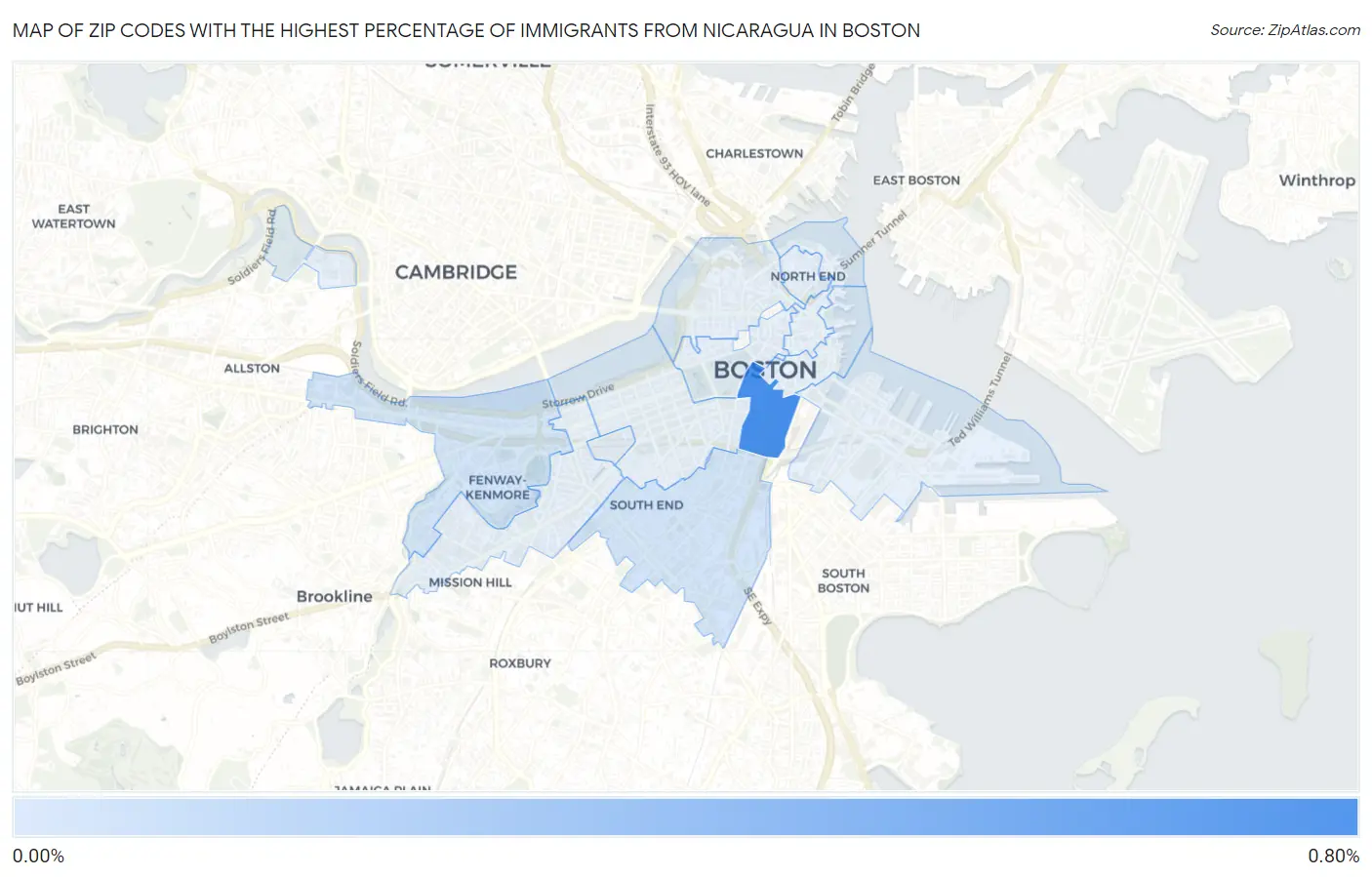 Zip Codes with the Highest Percentage of Immigrants from Nicaragua in Boston Map