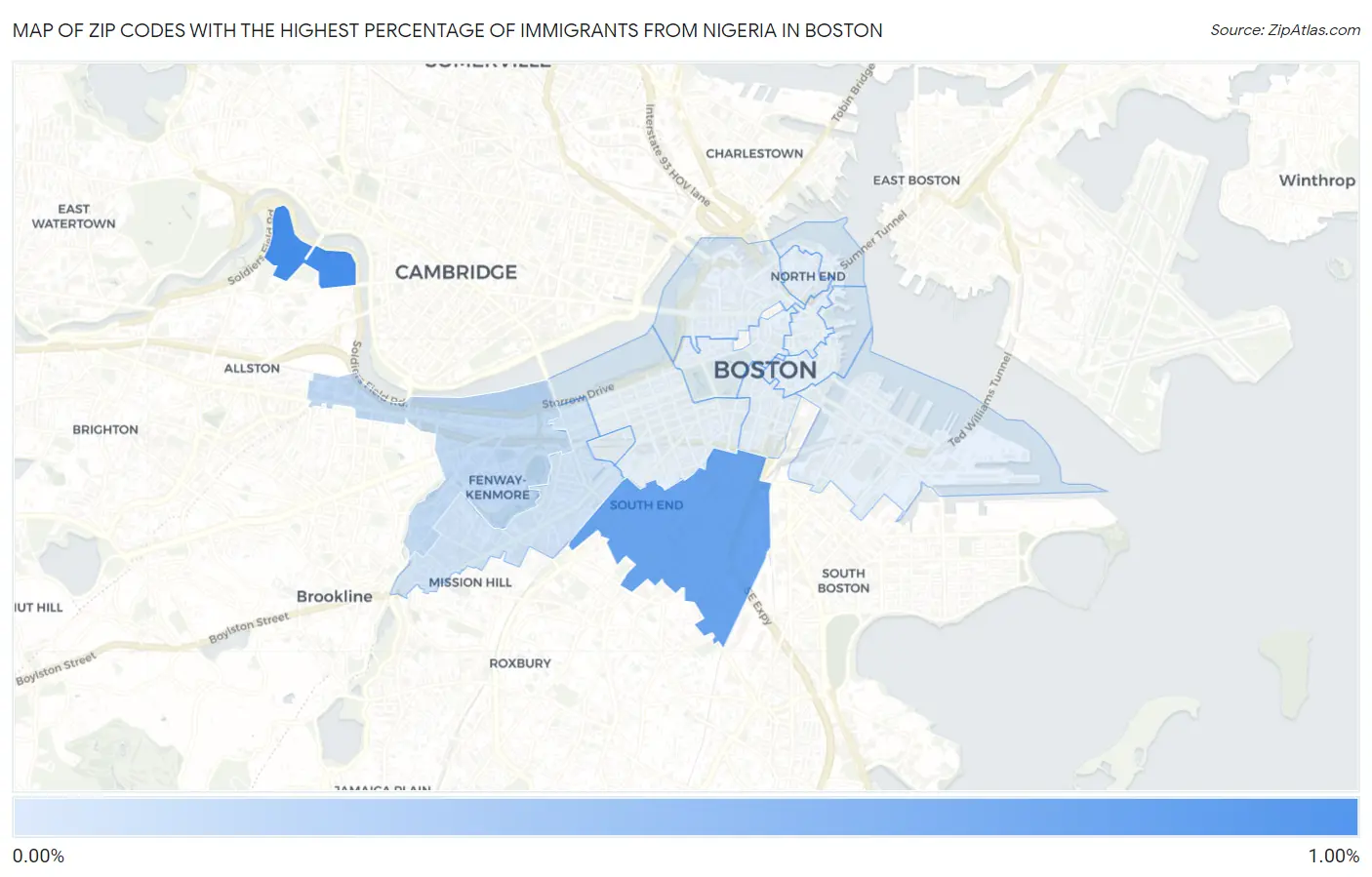 Zip Codes with the Highest Percentage of Immigrants from Nigeria in Boston Map