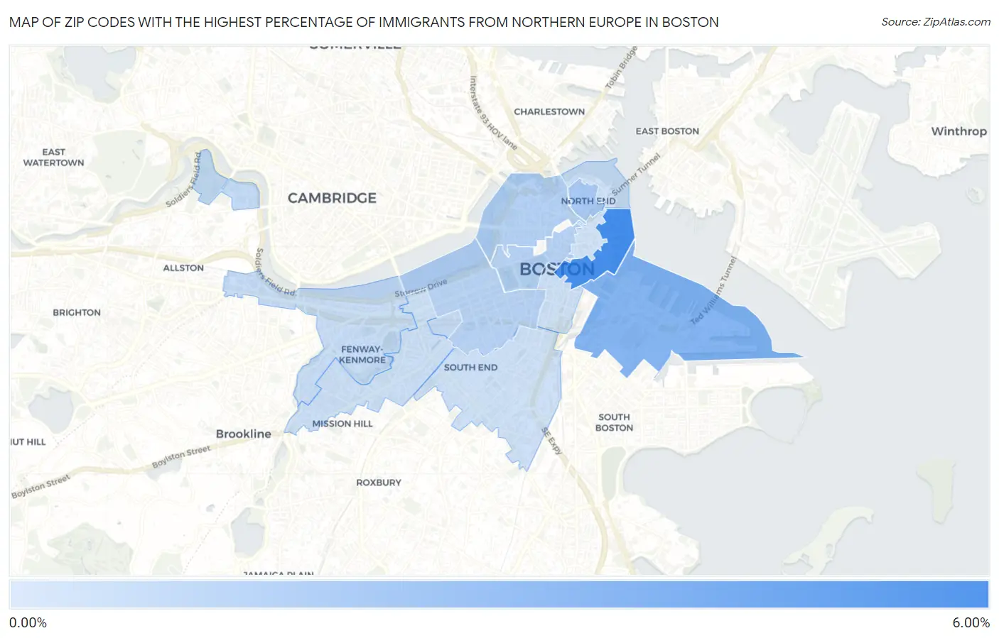 Zip Codes with the Highest Percentage of Immigrants from Northern Europe in Boston Map