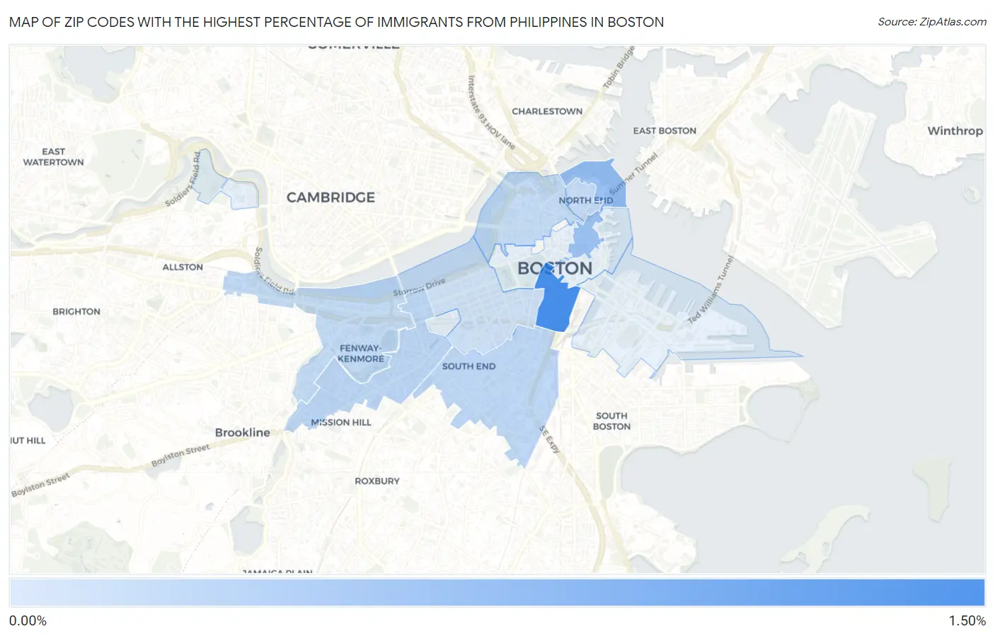 Zip Codes with the Highest Percentage of Immigrants from Philippines in Boston Map